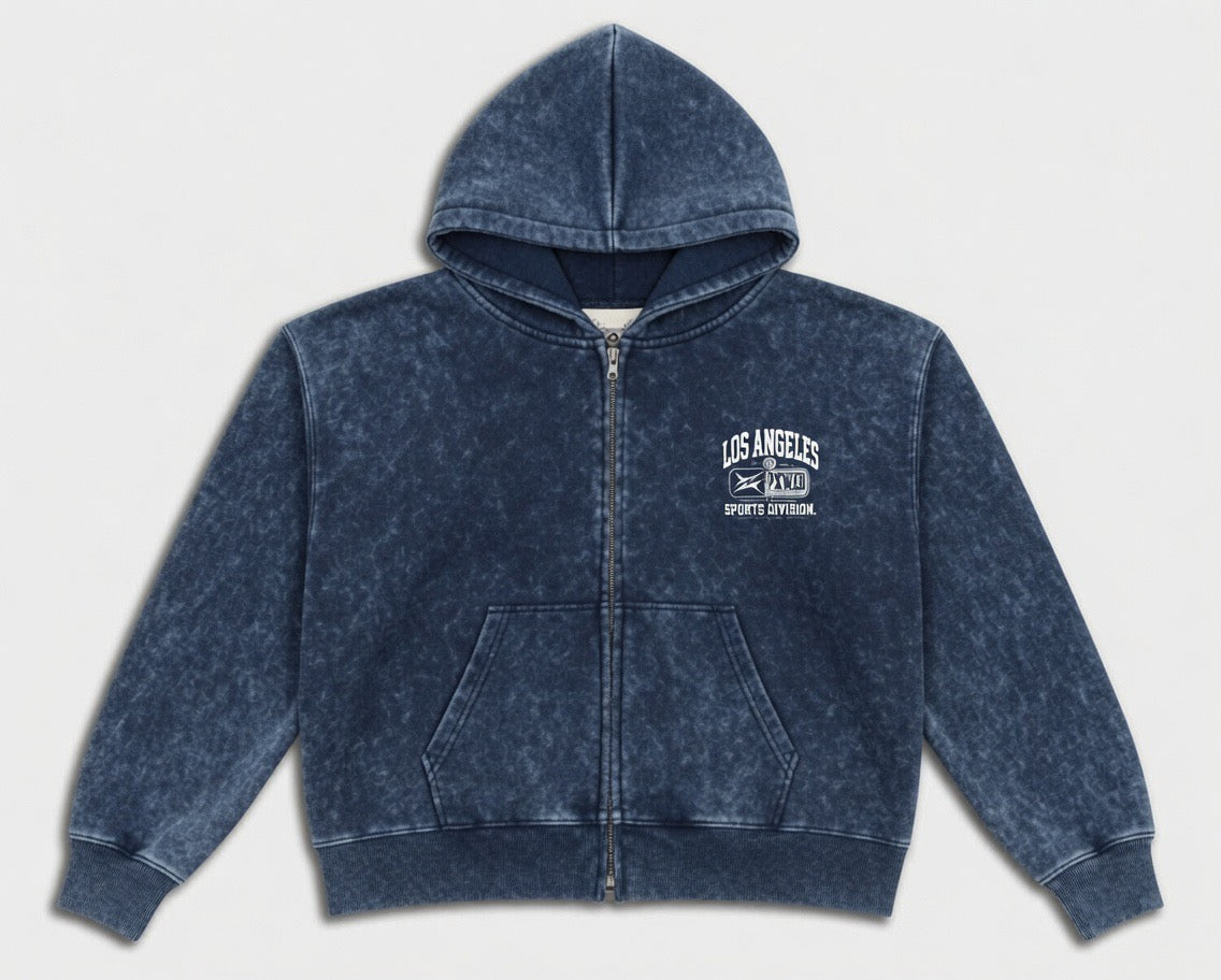 PXWER Los Angeles Sports Division Acid Wash Zip-Up Hoodie - Navy Blue