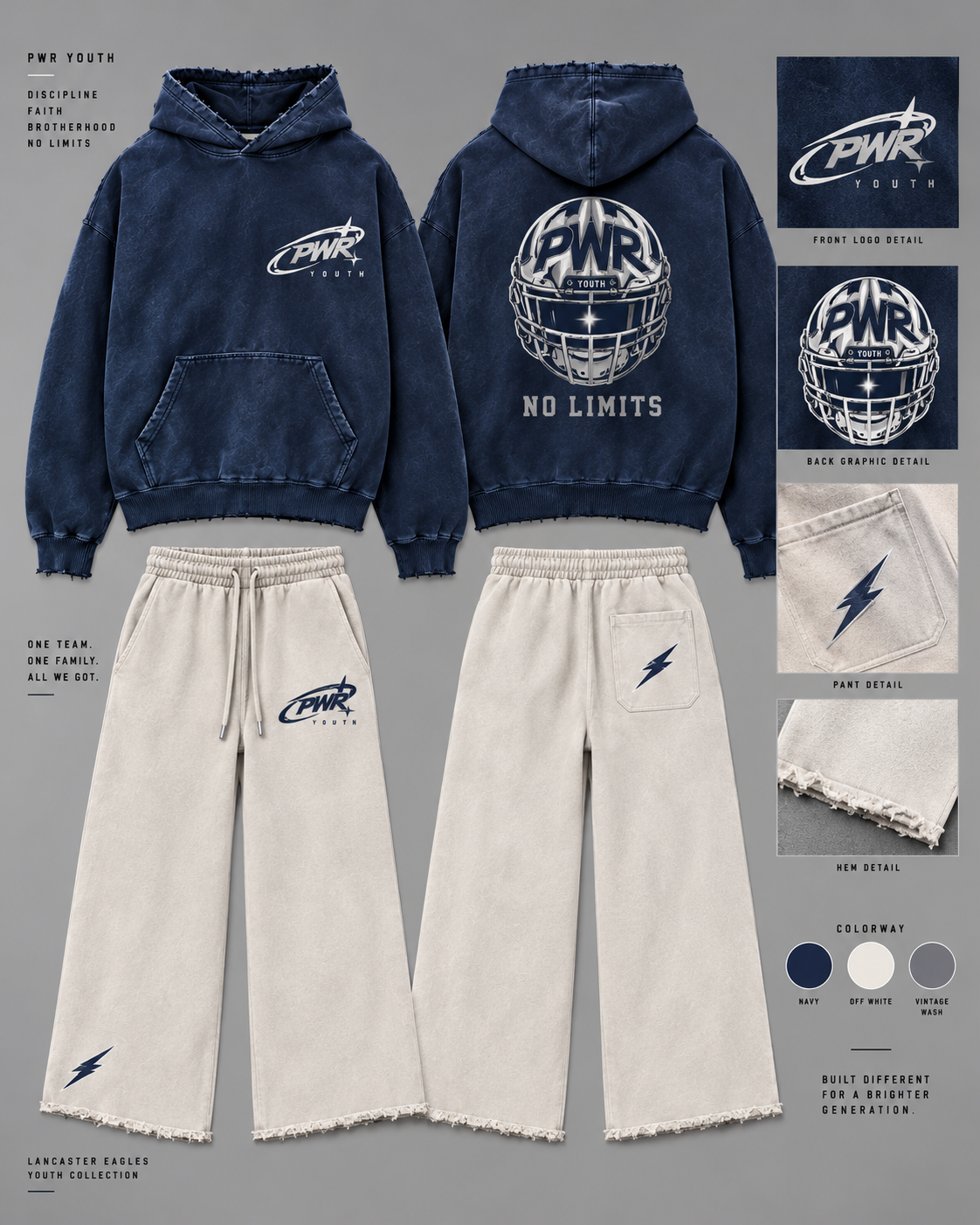 PWR Youth “No Limits” Distressed Sweatsuit – Navy/Cream | Pre-Sale