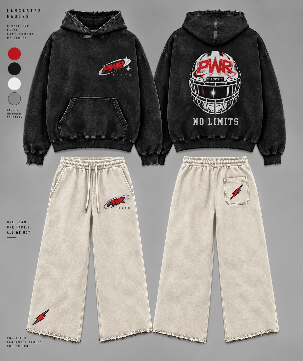 PWR Youth “No Limits” Distressed Sweatsuit Black/Cream | Pre-Sale